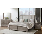Ensemble de chambre à coucher Roundhill Furniture Ennesley en bois gris avec lit à panneaux rembourrés, commode, miroir, 2 tables de chevet et commode haute.