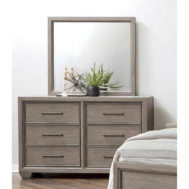Ensemble de chambre à coucher Roundhill Furniture Ennesley en bois gris avec lit à panneaux rembourrés, commode, miroir, 2 tables de chevet et commode haute.