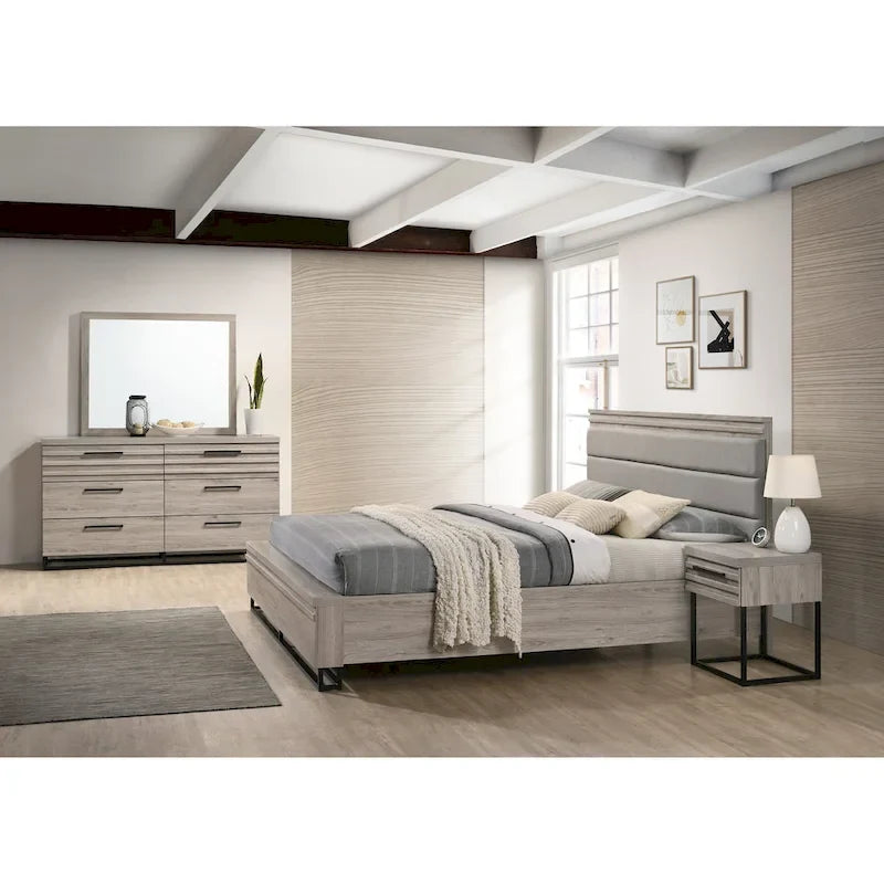 Ensemble de chambre Roundhill Furniture Alvear : lit, commode, miroir et 2 tables de chevet en bois capitonné, gris vieilli