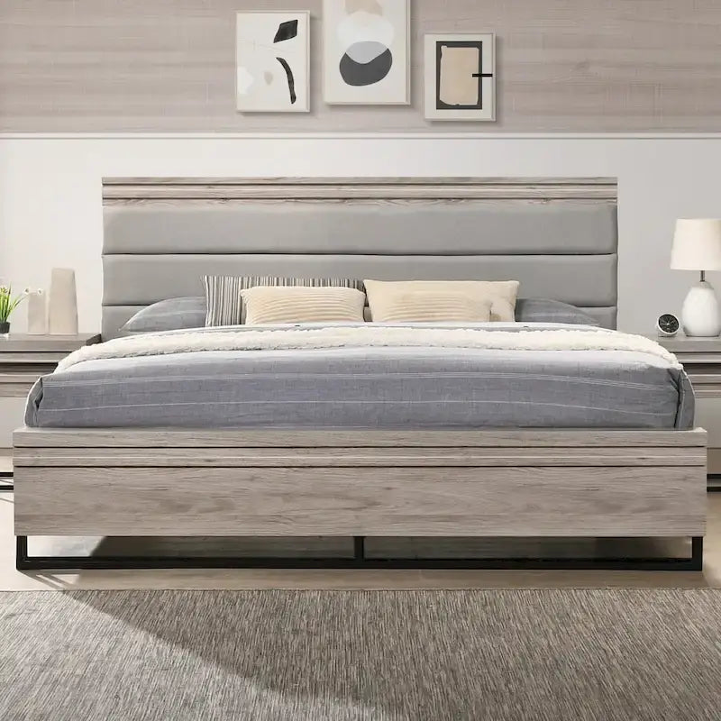 Ensemble de chambre Roundhill Furniture Alvear : lit, commode, miroir et 2 tables de chevet en bois capitonné, gris vieilli