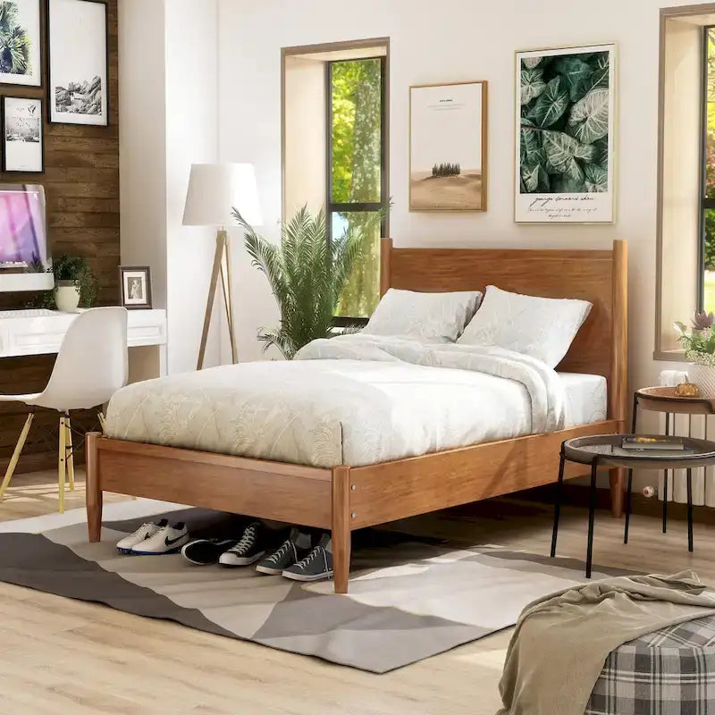 Ensemble de chambre à coucher Fopp Mid-century Modern en chêne, composé de deux plateformes, par Furniture of America