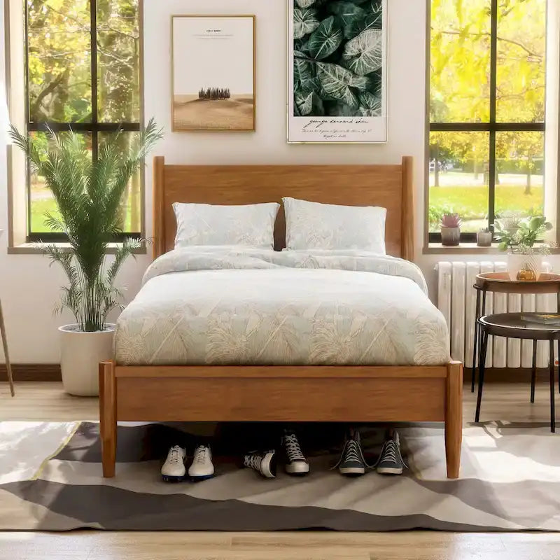 Ensemble de chambre à coucher Fopp Mid-century Modern en chêne, composé de deux plateformes, par Furniture of America