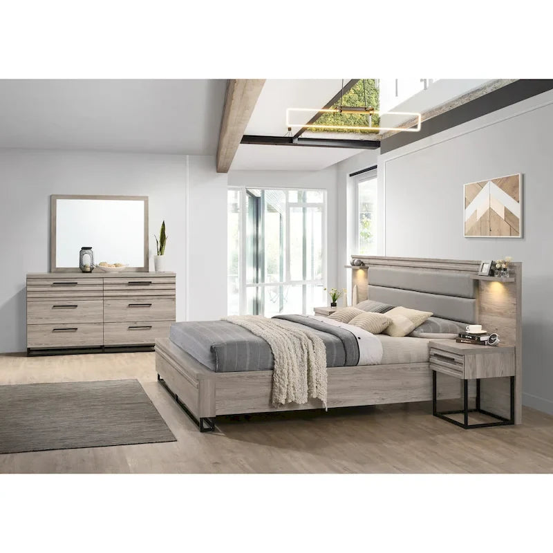 Lit escamotable Alvear de Roundhill Furniture avec éclairage LED blanc, commode, miroir et 2 tables de chevet, gris vieilli