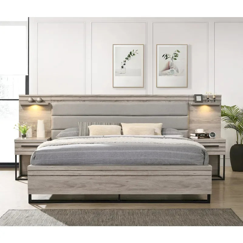 Lit escamotable Alvear de Roundhill Furniture avec éclairage LED blanc, commode, miroir et 2 tables de chevet, gris vieilli