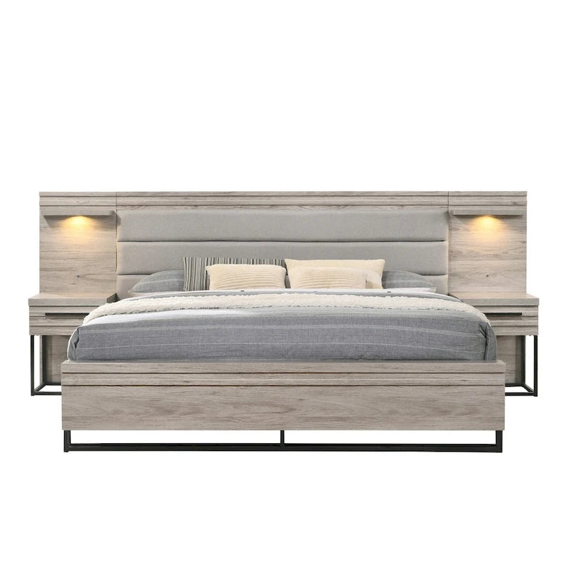 Lit escamotable Alvear de Roundhill Furniture avec éclairage LED blanc, commode, miroir et 2 tables de chevet, gris vieilli