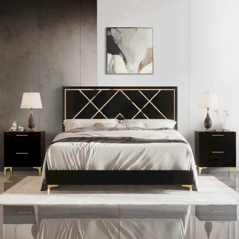 CraftPorch 3 Piece Bedroom Nightstands Set Velvet Upholstered Bed