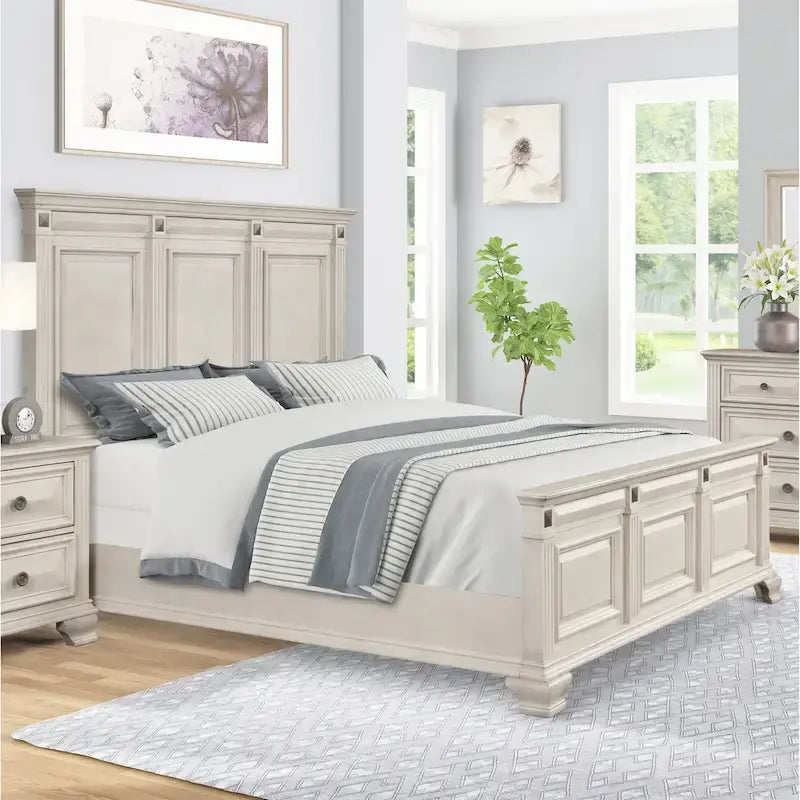 Ensemble de chambre à coucher Roundhill Furniture Renova en bois parchemin vieilli, comprenant un lit à panneaux, une commode, un miroir et une table de chevet.