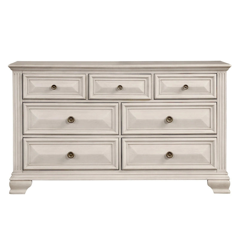 Ensemble de chambre à coucher Roundhill Furniture Renova en bois parchemin vieilli, comprenant un lit à panneaux, une commode, un miroir et une table de chevet.