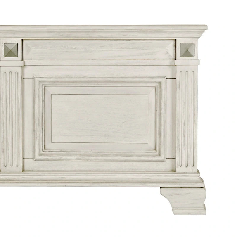 Ensemble de chambre à coucher Roundhill Furniture Renova en bois parchemin vieilli, comprenant un lit à panneaux, une commode, un miroir et une table de chevet.
