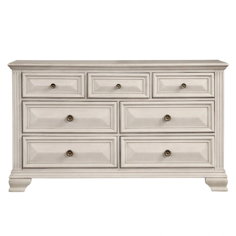 Ensemble de chambre à coucher Roundhill Furniture Renova en bois parchemin vieilli, comprenant un lit à panneaux, une commode, un miroir et une table de chevet.