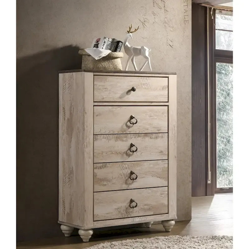 Ensemble de chambre à coucher 5 pièces Roundhill Furniture Imerland, finition blanche délavée, style contemporain, taille King