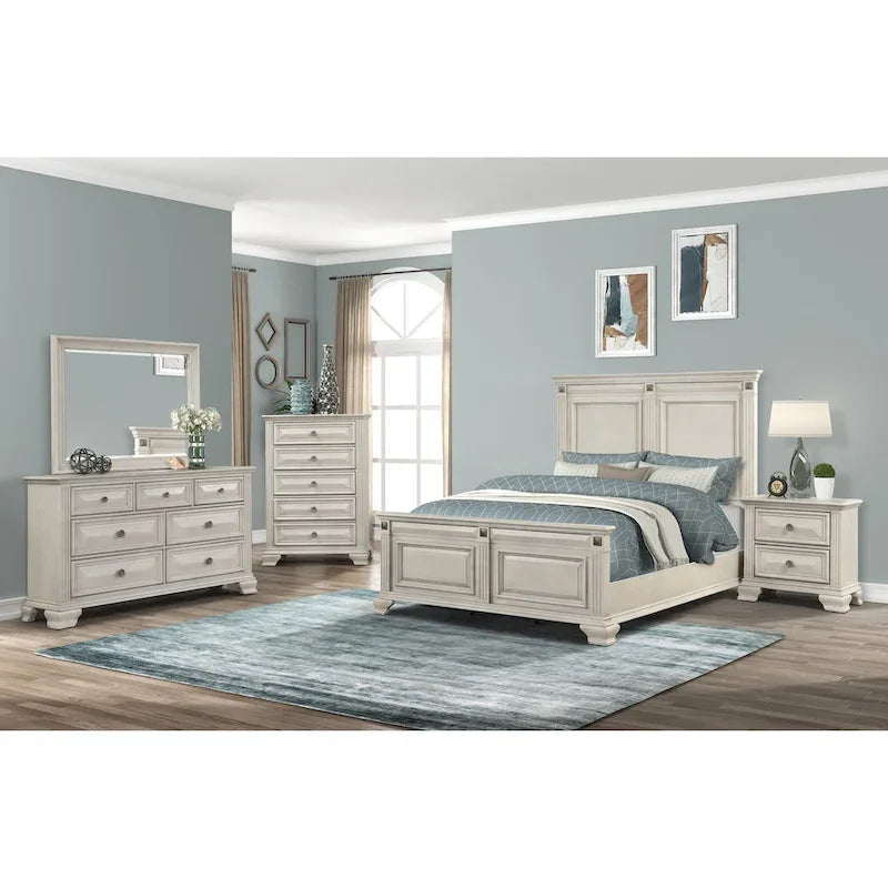 Ensemble de chambre à coucher Roundhill Furniture Renova en bois parchemin vieilli avec lit à panneaux, commode, miroir, table de chevet et commode haute.