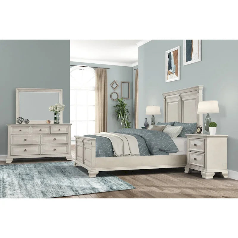 Ensemble de chambre à coucher Roundhill Furniture Renova en bois parchemin vieilli avec lit à panneaux, commode, miroir, table de chevet et commode haute.