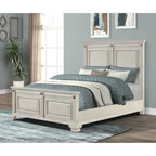 Ensemble de chambre à coucher Roundhill Furniture Renova en bois parchemin vieilli avec lit à panneaux, commode, miroir, table de chevet et commode haute.