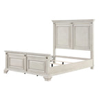 Ensemble de chambre à coucher Roundhill Furniture Renova en bois parchemin vieilli avec lit à panneaux, commode, miroir, table de chevet et commode haute.