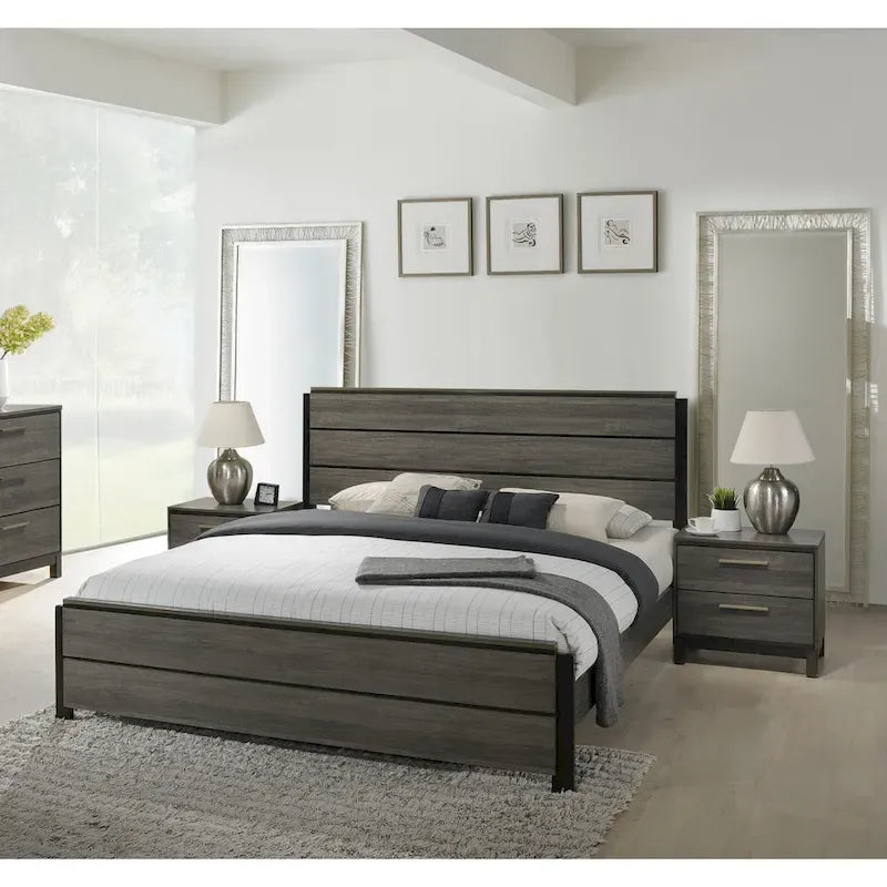 Ensemble de chambre à coucher 3 pièces en bois Roundhill Furniture Ioana, finition gris antique, comprenant un lit à panneaux et deux tables de chevet.
