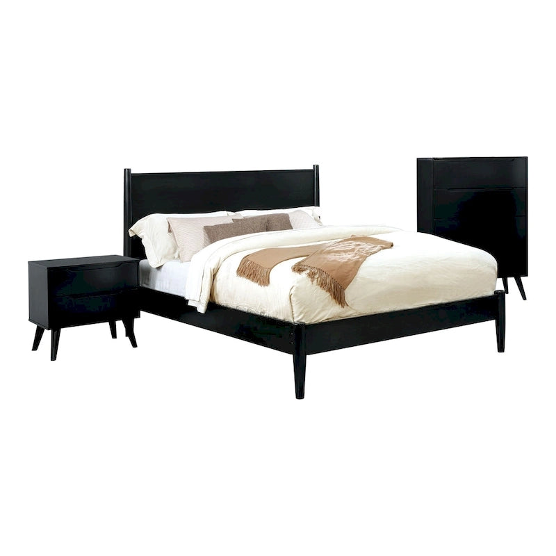 Ensemble de chambre à coucher 3 pièces Fopp en bois noir, style moderne du milieu du siècle, par Furniture of America