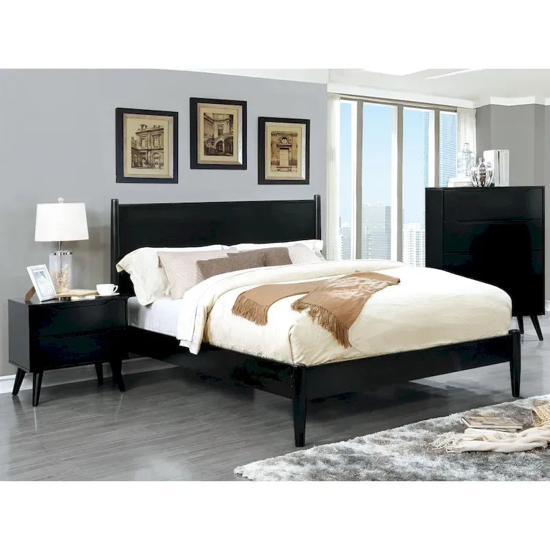 Ensemble de chambre à coucher 3 pièces Fopp en bois noir, style moderne du milieu du siècle, par Furniture of America