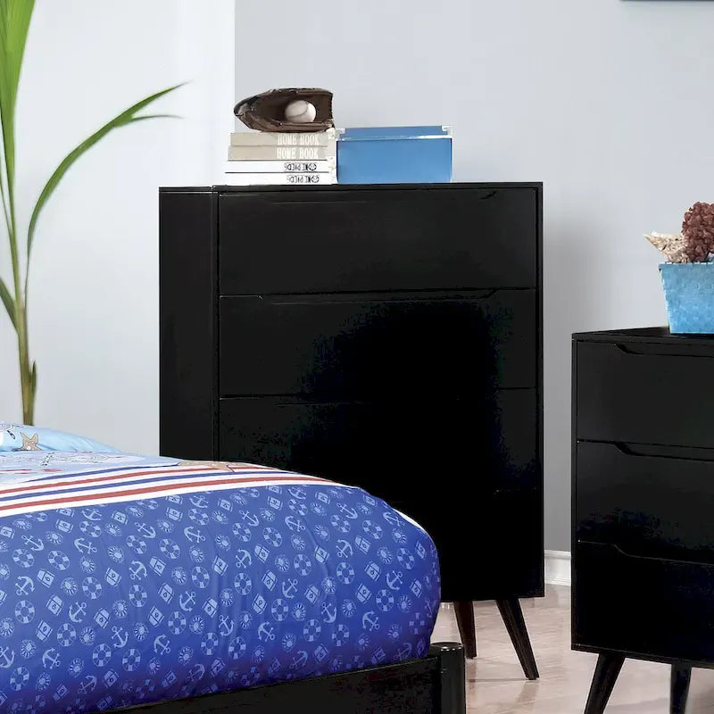 Ensemble de chambre à coucher 3 pièces Fopp en bois noir, style moderne du milieu du siècle, par Furniture of America