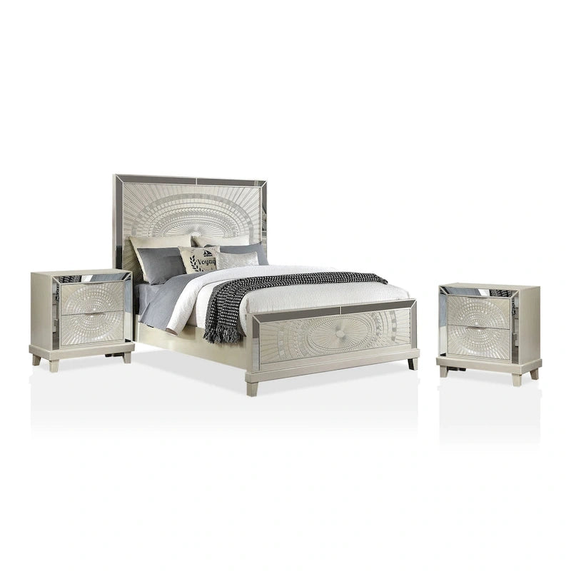 Ensemble lit et tables de chevet 3 pièces Luela Glam Champagne Wood avec port USB par Furniture of America
