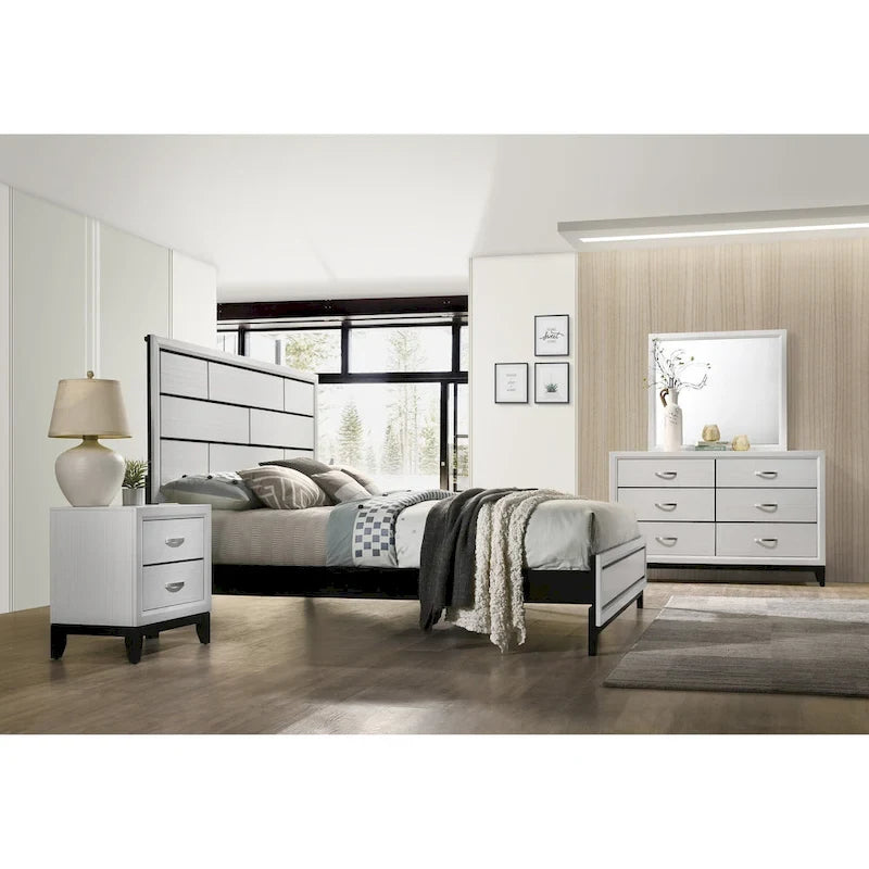 Ensemble de chambre à coucher contemporain Roundhill Furniture Stout, finition blanche, comprenant un lit à panneaux, une commode, un miroir et deux tables de chevet.