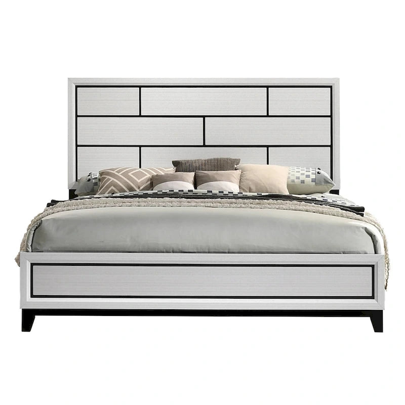 Ensemble de chambre à coucher contemporain Roundhill Furniture Stout, finition blanche, comprenant un lit à panneaux, une commode, un miroir et deux tables de chevet.
