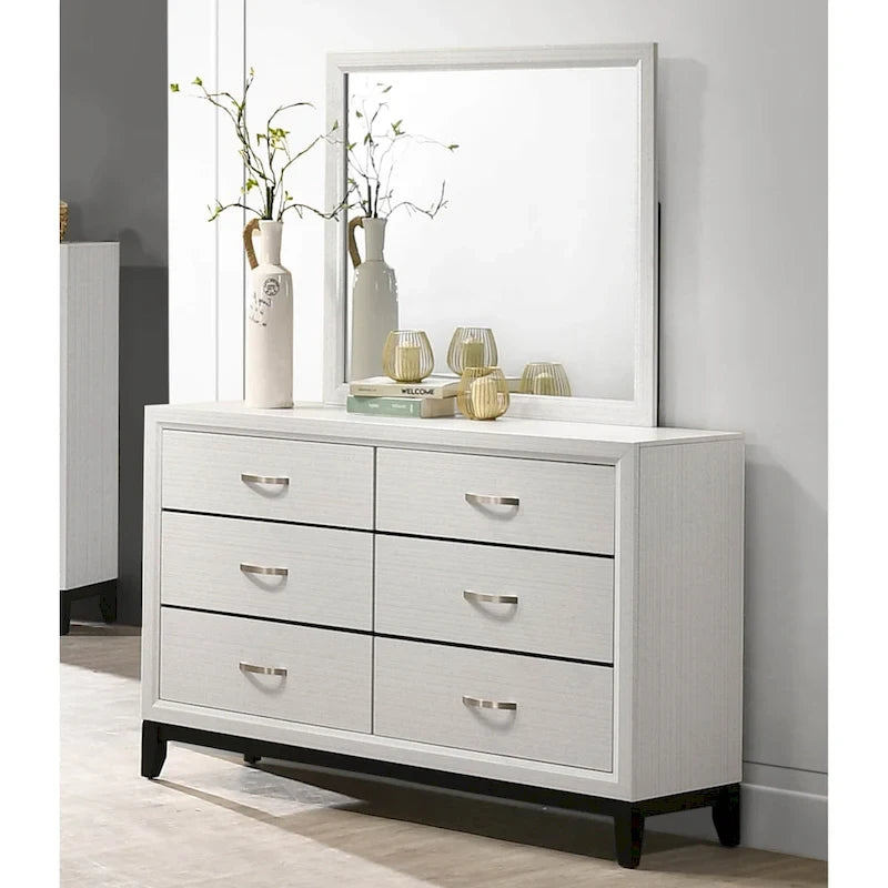 Ensemble de chambre à coucher contemporain Roundhill Furniture Stout, finition blanche, comprenant un lit à panneaux, une commode, un miroir et deux tables de chevet.