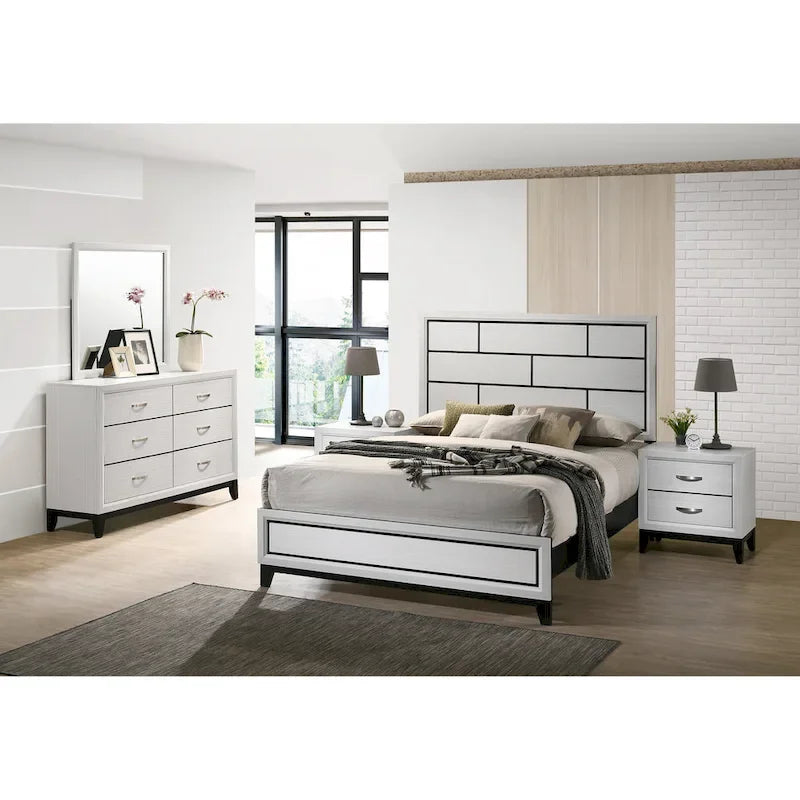 Ensemble de chambre à coucher contemporain Roundhill Furniture Stout, finition blanche, comprenant un lit à panneaux, une commode, un miroir et deux tables de chevet.