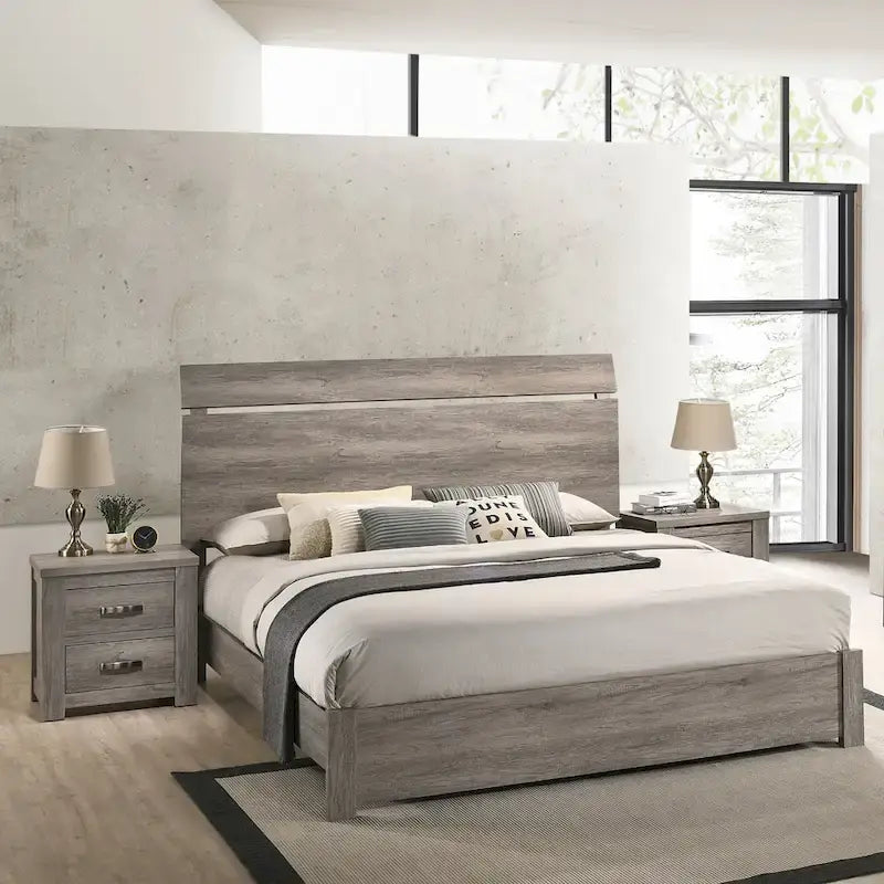 Ensemble de chambre à coucher 3 pièces Roundhill Furniture Floren, style contemporain, en bois gris vieilli, comprenant un lit à panneaux et 2 tables de chevet.