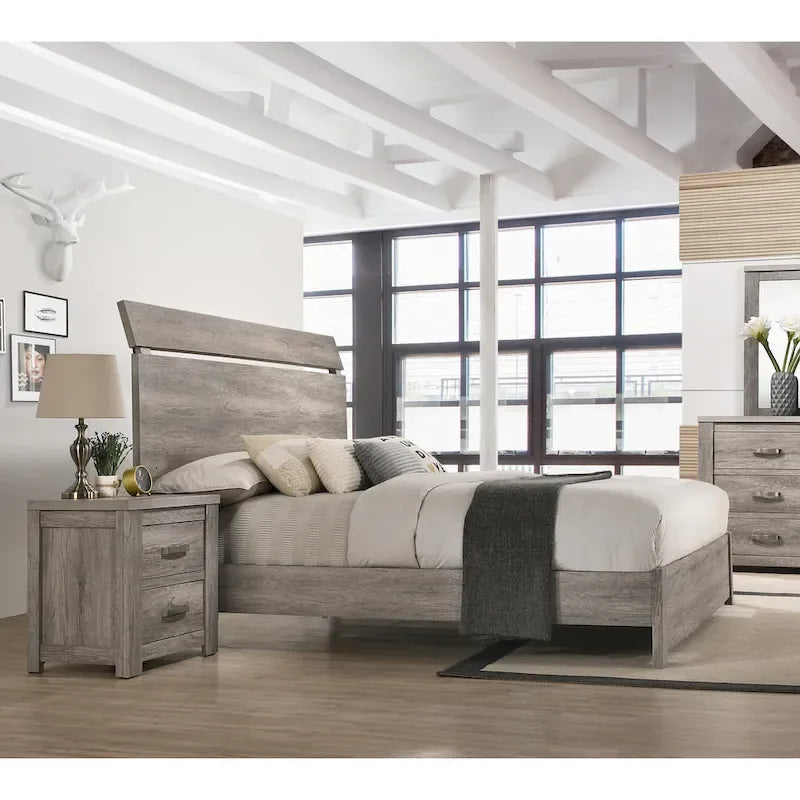 Ensemble de chambre à coucher 3 pièces Roundhill Furniture Floren, style contemporain, en bois gris vieilli, comprenant un lit à panneaux et 2 tables de chevet.