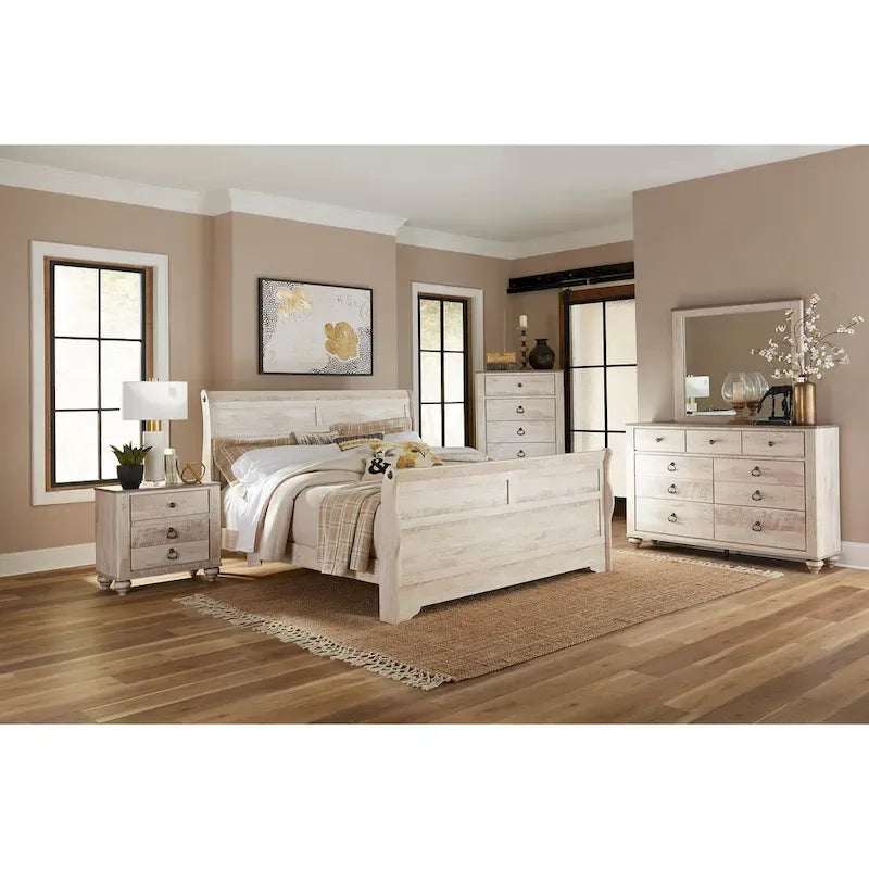 Ensemble de chambre à coucher contemporain Roundhill Furniture Imerland, finition blanchie, comprenant un lit traîneau, une commode, un miroir, une table de chevet et une commode