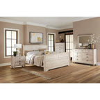 Ensemble de chambre à coucher contemporain Roundhill Furniture Imerland, finition blanchie, comprenant un lit traîneau, une commode, un miroir, une table de chevet et une commode