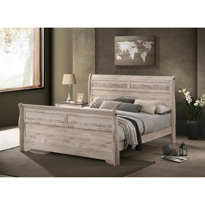 Ensemble de chambre à coucher contemporain Roundhill Furniture Imerland, finition blanchie, comprenant un lit traîneau, une commode, un miroir, une table de chevet et une commode