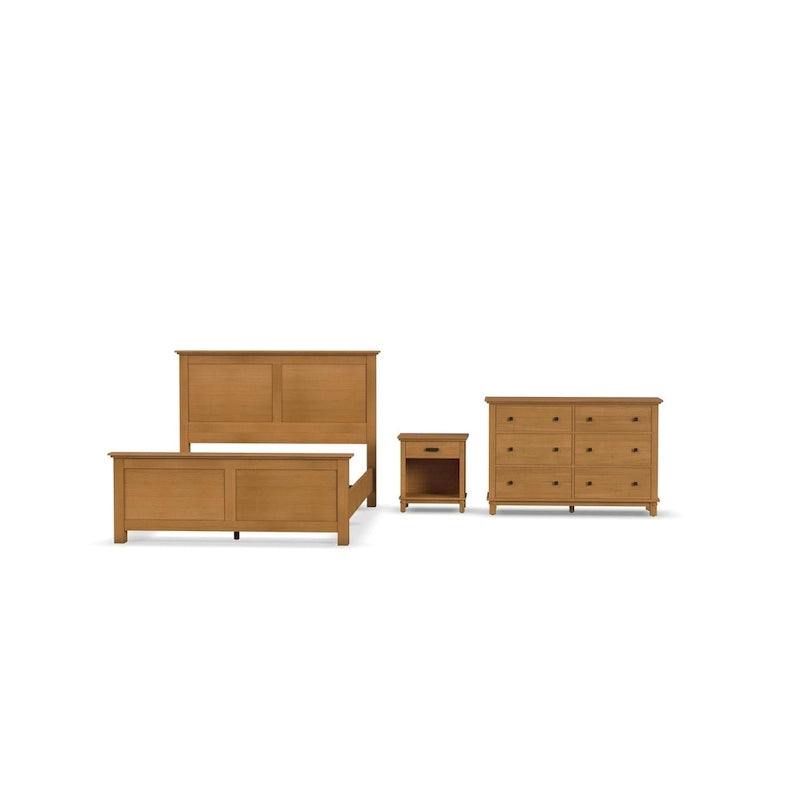 Lit Queen en bois brun Oak Park, table de chevet et commode