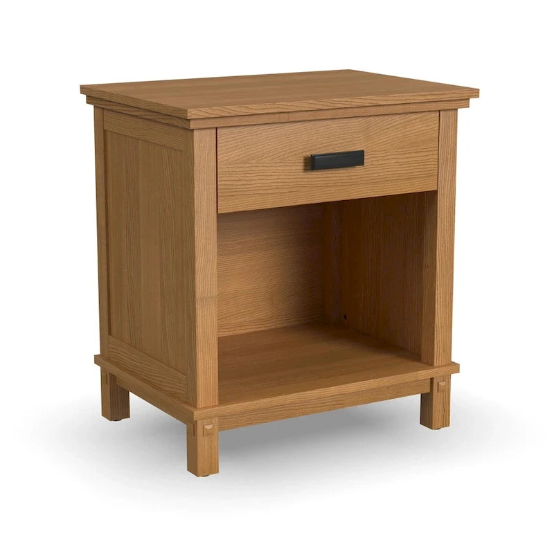 Lit Queen en bois brun Oak Park, table de chevet et commode