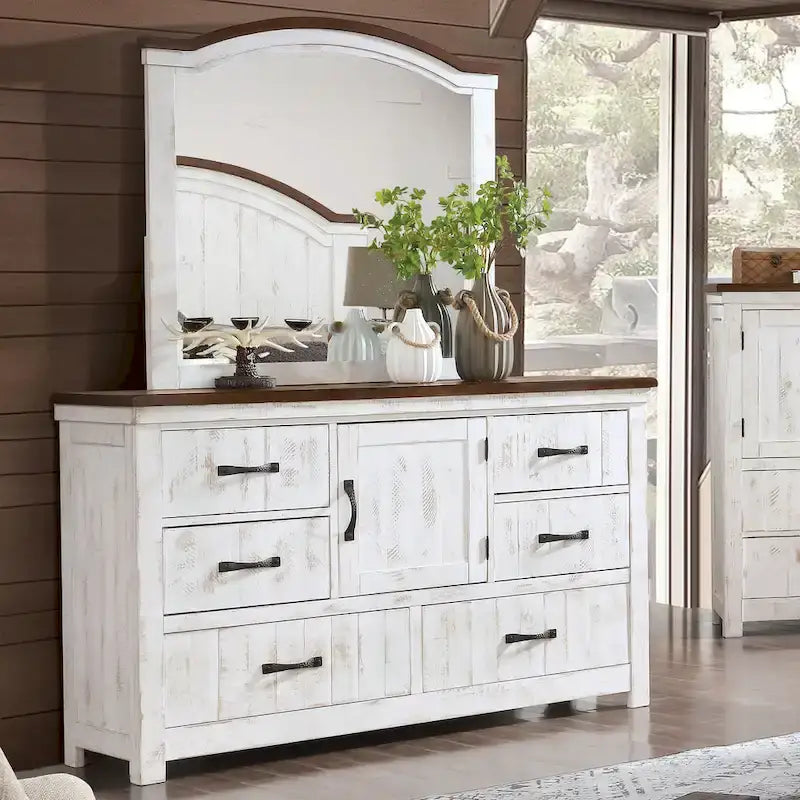 Ensemble de chambre à coucher Ynez Farmhouse en pin blanc, 4 pièces, avec port USB, par Furniture of America