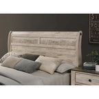 Ensemble de chambre à coucher contemporain Roundhill Furniture Imerland, finition blanchie, comprenant un lit traîneau, une commode, un miroir, deux tables de chevet et une commode haute.