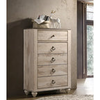 Ensemble de chambre à coucher contemporain Roundhill Furniture Imerland, finition blanchie, comprenant un lit traîneau, une commode, un miroir, deux tables de chevet et une commode haute.