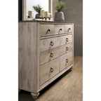 Ensemble de chambre à coucher contemporain Roundhill Furniture Imerland, finition blanchie, comprenant un lit traîneau, une commode, un miroir, deux tables de chevet et une commode haute.