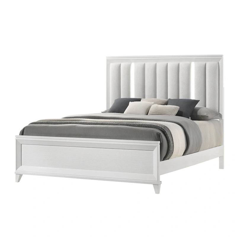 Ensemble de chambre à coucher Denissa 6 pièces blanc rembourré avec panneau LED