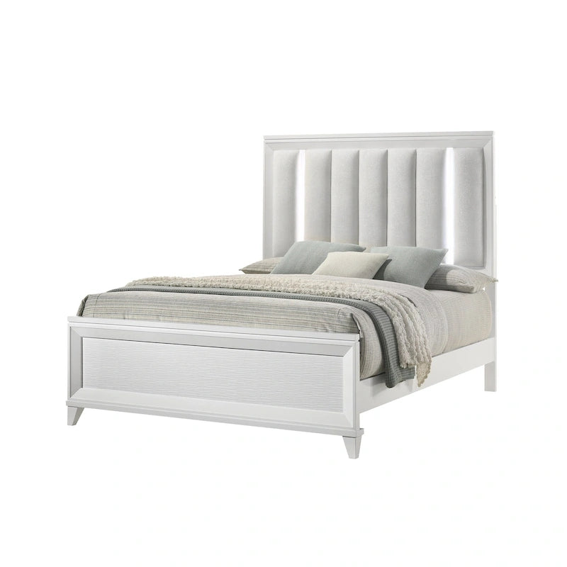 Ensemble de chambre à coucher Denissa 6 pièces blanc rembourré avec panneau LED