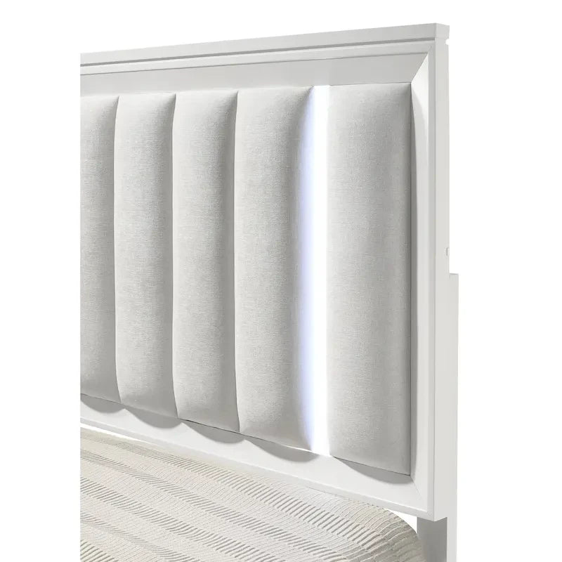 Ensemble de chambre à coucher Denissa 6 pièces blanc rembourré avec panneau LED