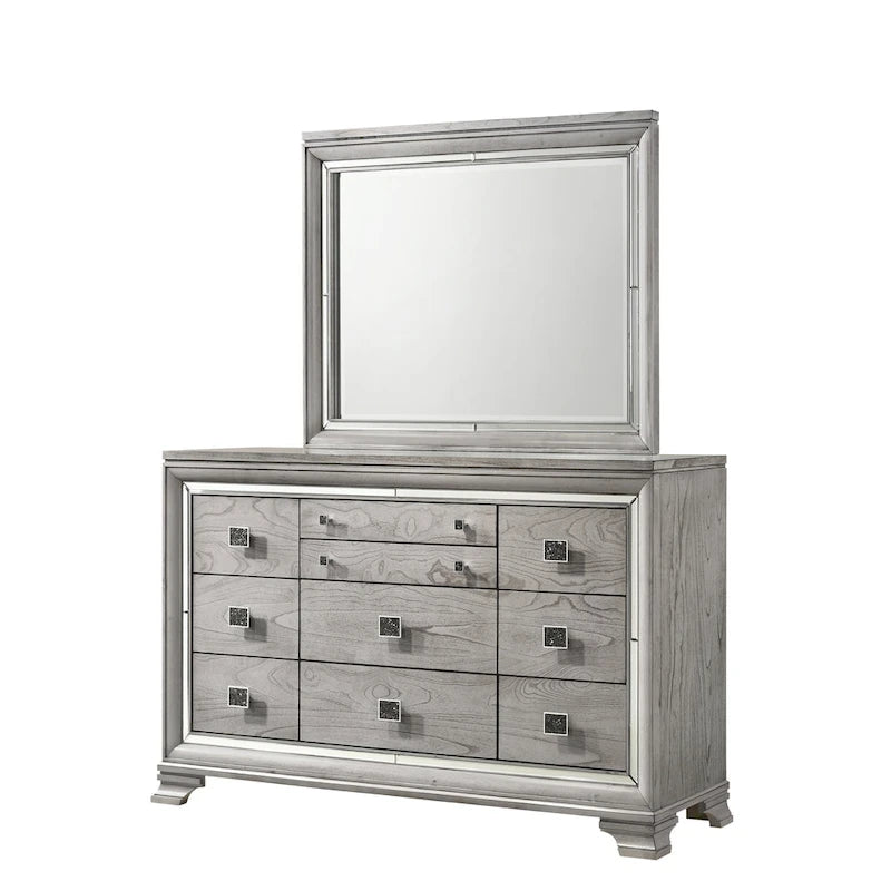 Ensemble de chambre à coucher Evonne 6 pièces gris avec panneaux rembourrés et éclairage LED