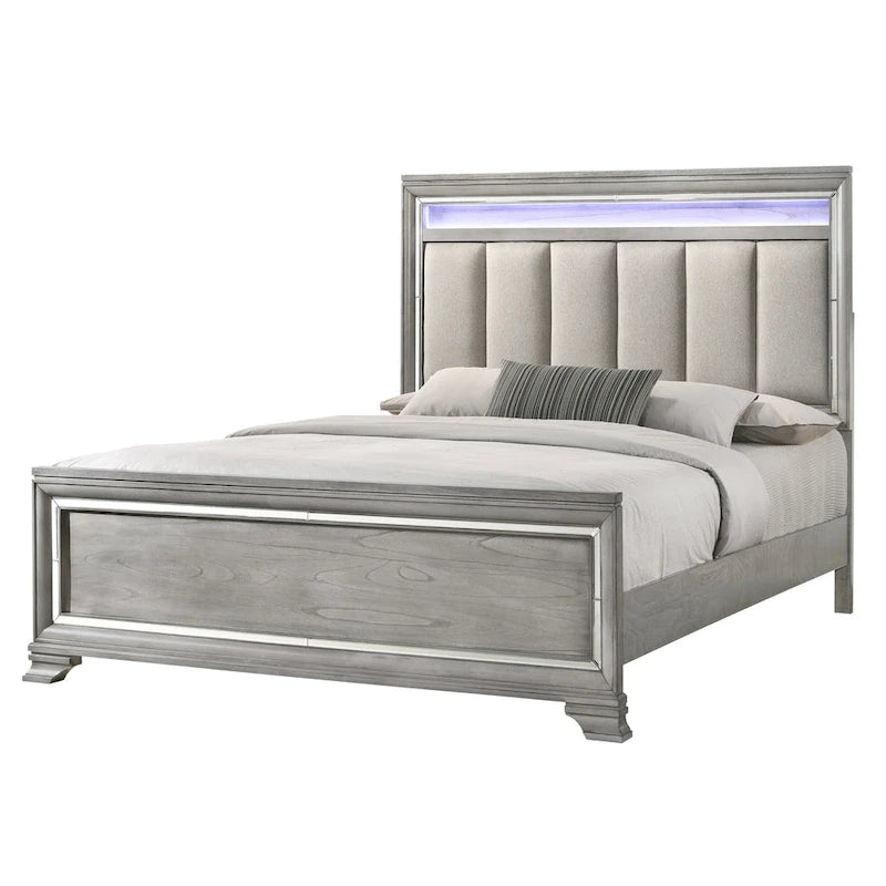 Ensemble de chambre à coucher Evonne 6 pièces gris avec panneaux rembourrés et éclairage LED