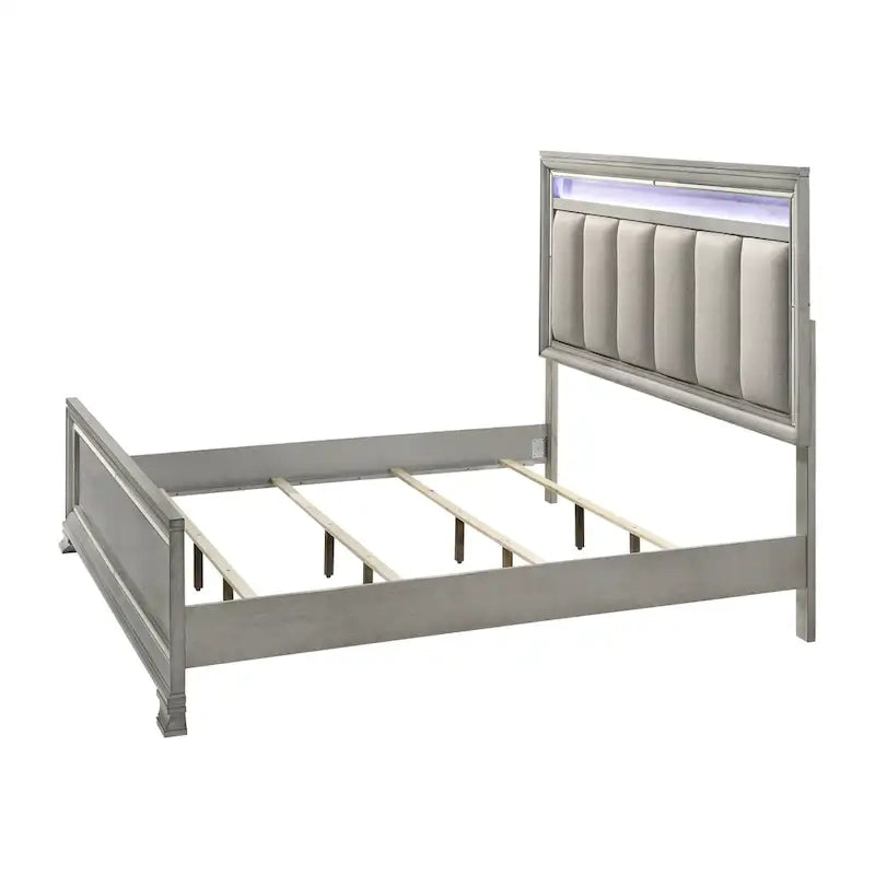 Ensemble de chambre à coucher Evonne 6 pièces gris avec panneaux rembourrés et éclairage LED