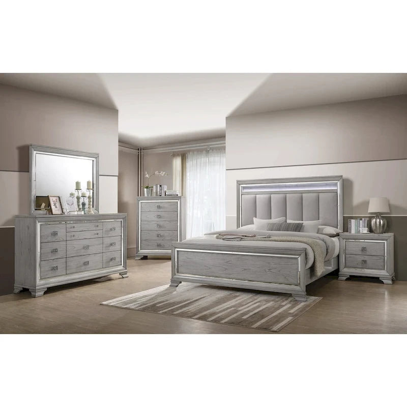 Ensemble de chambre à coucher Evonne 6 pièces gris avec panneaux rembourrés et éclairage LED