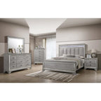 Ensemble de chambre à coucher Evonne 6 pièces gris avec panneaux rembourrés et éclairage LED