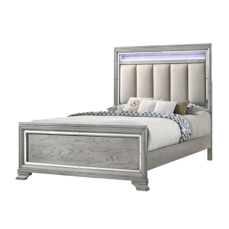 Ensemble de chambre à coucher Evonne 6 pièces gris avec panneaux rembourrés et éclairage LED