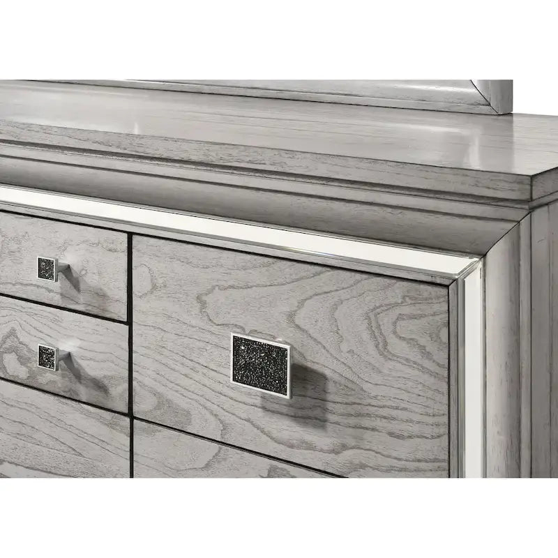 Ensemble de chambre à coucher Evonne 6 pièces gris avec panneaux rembourrés et éclairage LED