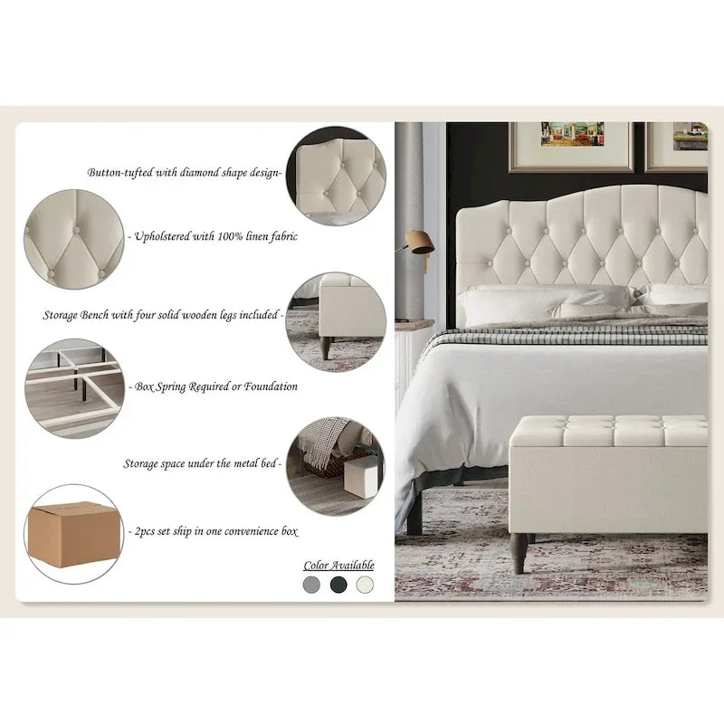 Ensemble de bancs de chambre CraftPorch 2 pièces, lit capitonné à boutons de style transitionnel